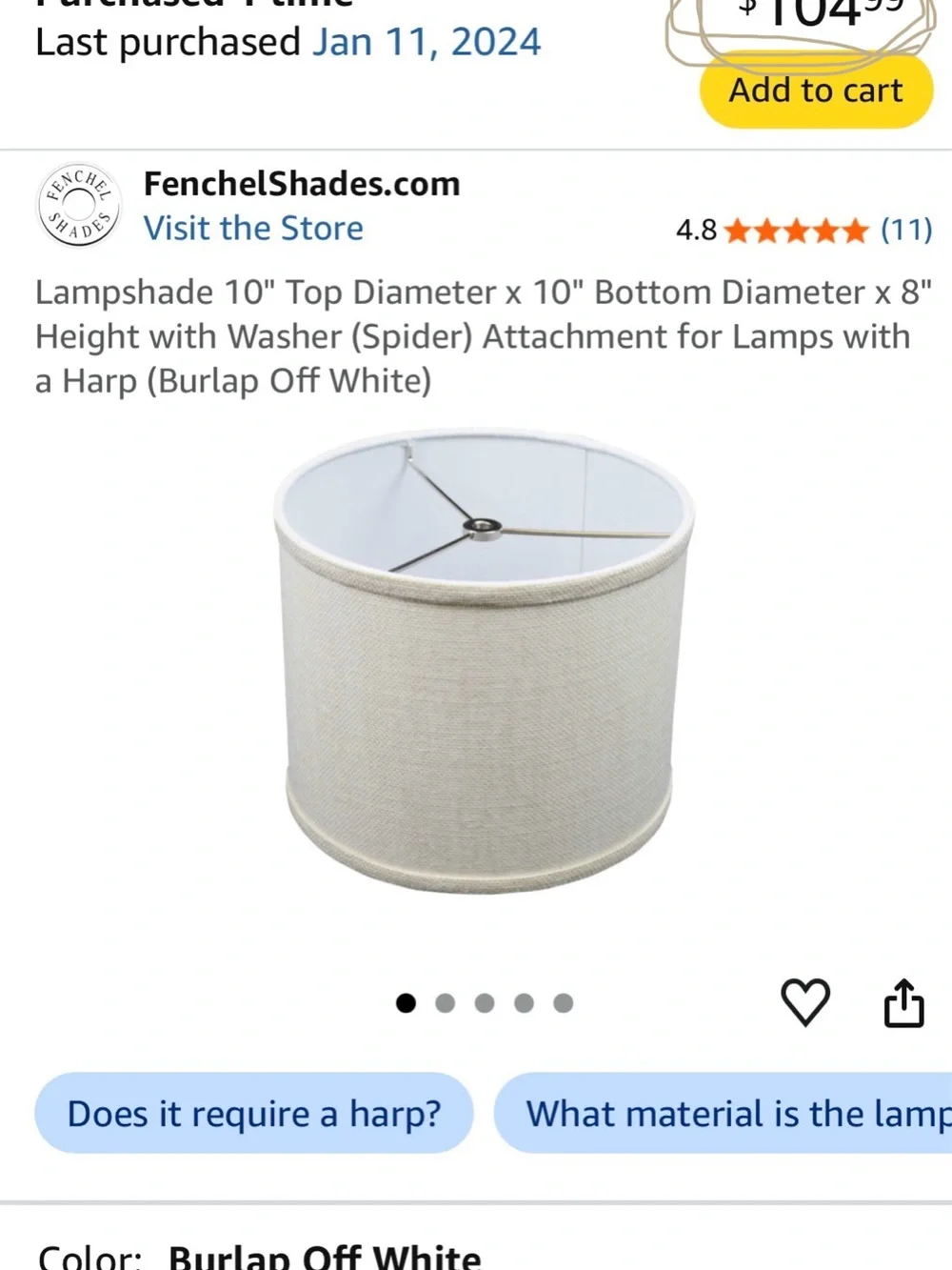 Drum Lampshade by Fenchel Shades -Burlap Off-White/Nickel Hardware (Brand New)